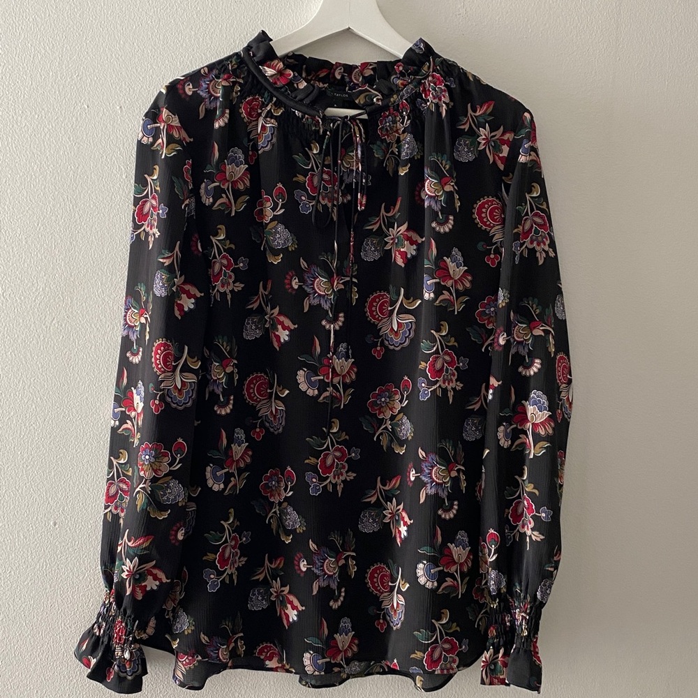 Ann Taylor Black Floral Tie-Neck Blouse